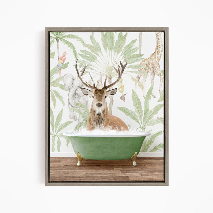 A deer with antlers is sitting in a green bathtub, surrounded by a tropical jungle scene with various animals, including a giraffe, parrot, and elephant.