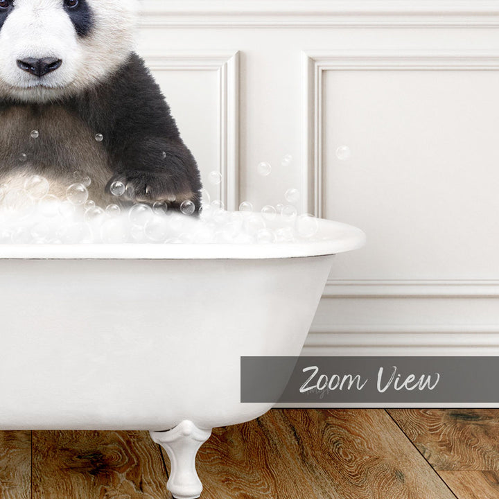 A panda bear sitting in a white bathtub filled with bubbles, with the text "Zoom View" visible in the image.