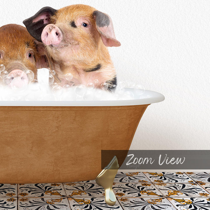 Two adorable pigs sitting in a bathtub filled with bubbles, enjoying a relaxing bath.