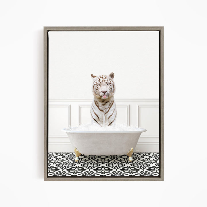 A white tiger sitting in a white bathtub filled with water, surrounded by a black and white patterned floor.