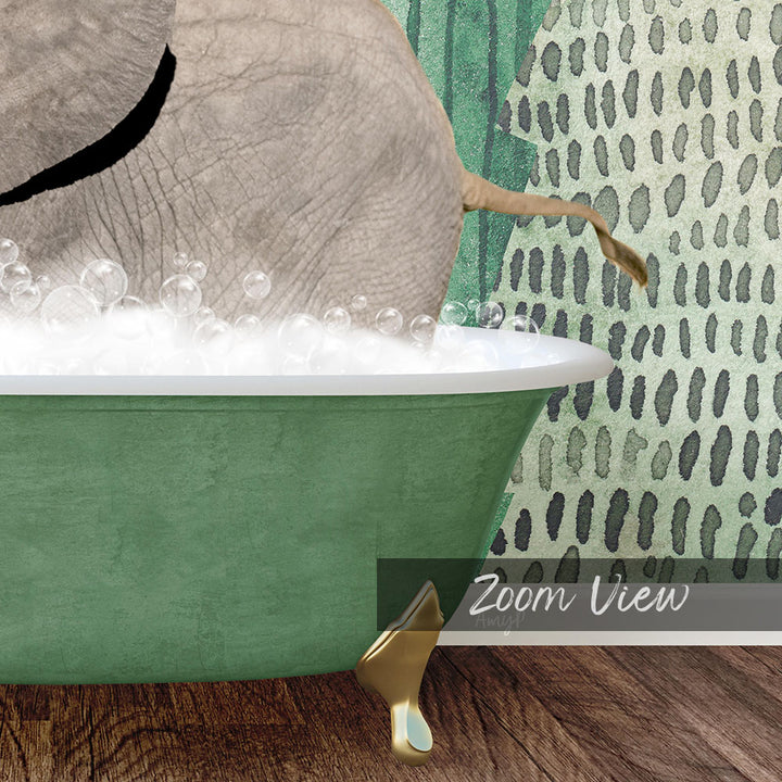 A green bathtub filled with bubbles, with a gold faucet and a gold bathtub leg visible.