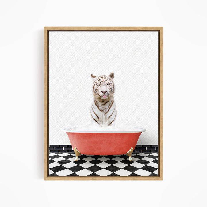 A white tiger sitting in a red bathtub filled with water, with a black and white checkered floor in the background.