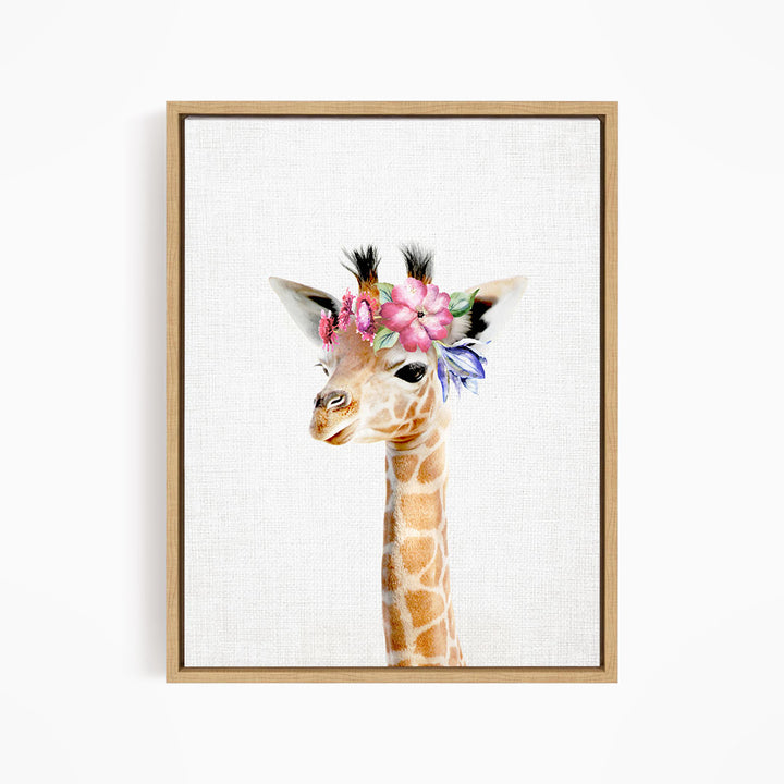 A giraffe wearing a colorful flower crown is the central focus of the image.
