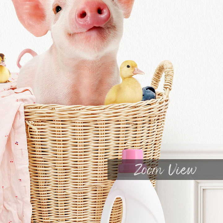 A pig sits in a wicker basket filled with various small animals, including a duckling, against a white background.