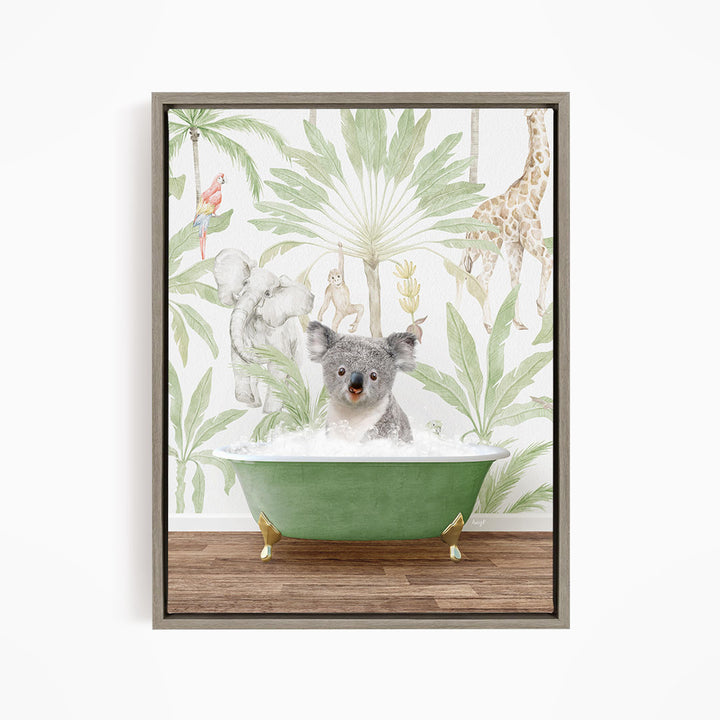A koala bear sitting in a green bathtub filled with water, surrounded by tropical foliage and animals.