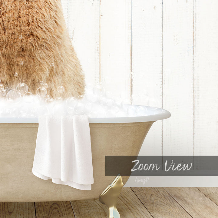 A fluffy brown dog is sitting in a bathtub filled with bubbles, with a towel draped over the side and a "Zoom View" text overlay.