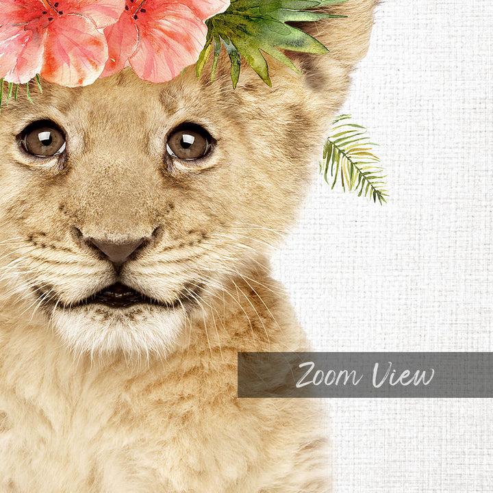 A close-up of a young lion cub's face, with its large eyes and soft fur, is the main focus of the image. The cub is adorned with a floral headpiece, adding a touch of whimsy to the scene. The background is a simple white canvas, which allows the viewer to focus on the details of the cub and its surroundings. The image does not contain any text or other discernible objects, and the overall composition is minimalistic and visually appealing.