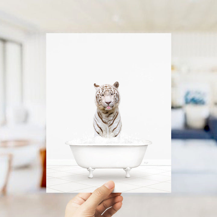 A hand holds up a framed image of a white tiger sitting in a bathtub filled with water.