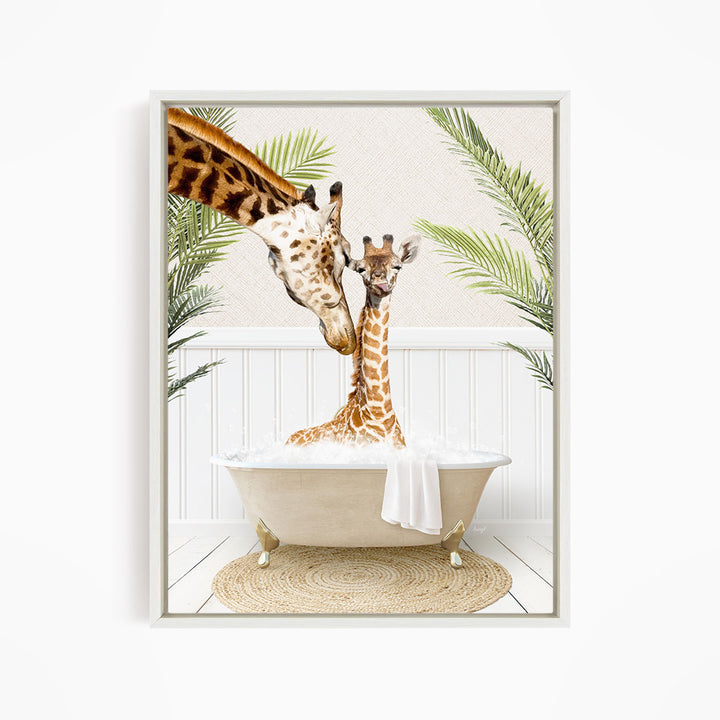 A mother giraffe and her baby giraffe are enjoying a relaxing bath in a white bathtub, surrounded by lush green plants.