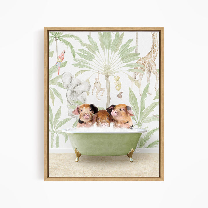 A framed print depicting three pigs sitting in a green bathtub, surrounded by a tropical jungle wallpaper with various animals and plants.