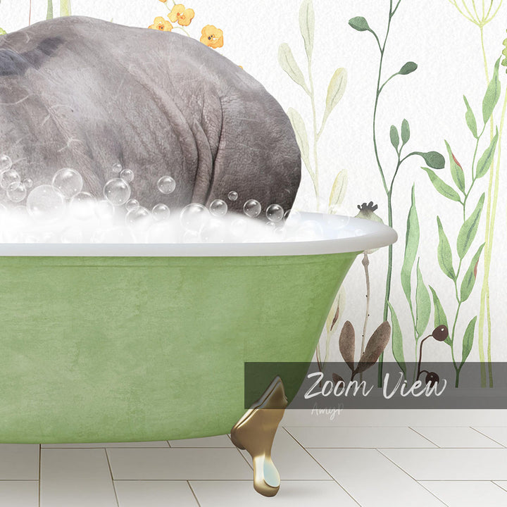 A large gray rhinoceros is sitting in a green bathtub filled with bubbles, surrounded by a floral wallpaper.