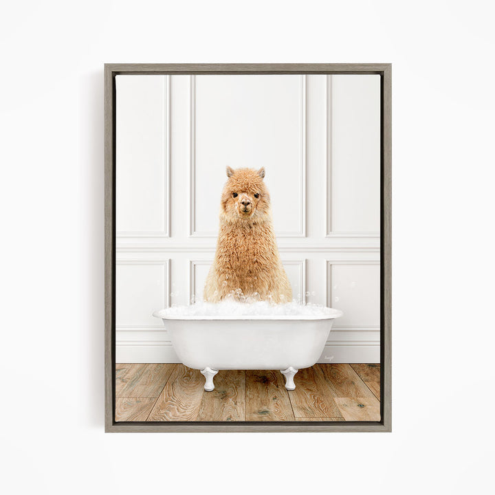 A fluffy brown alpaca sitting in a white bathtub filled with bubbles, looking directly at the camera.