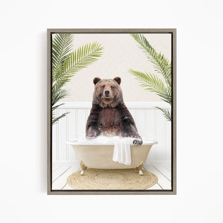A brown bear sitting in a bathtub filled with water, surrounded by palm leaves.