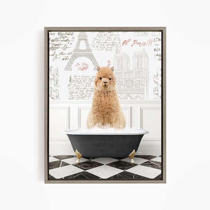 A fluffy brown dog sitting in a bathtub filled with water, surrounded by a checkered floor and a wall with the Eiffel Tower and other Parisian landmarks.