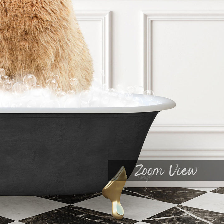 A black bathtub filled with bubbles, with a golden bathtub faucet and a cat sitting in the tub.