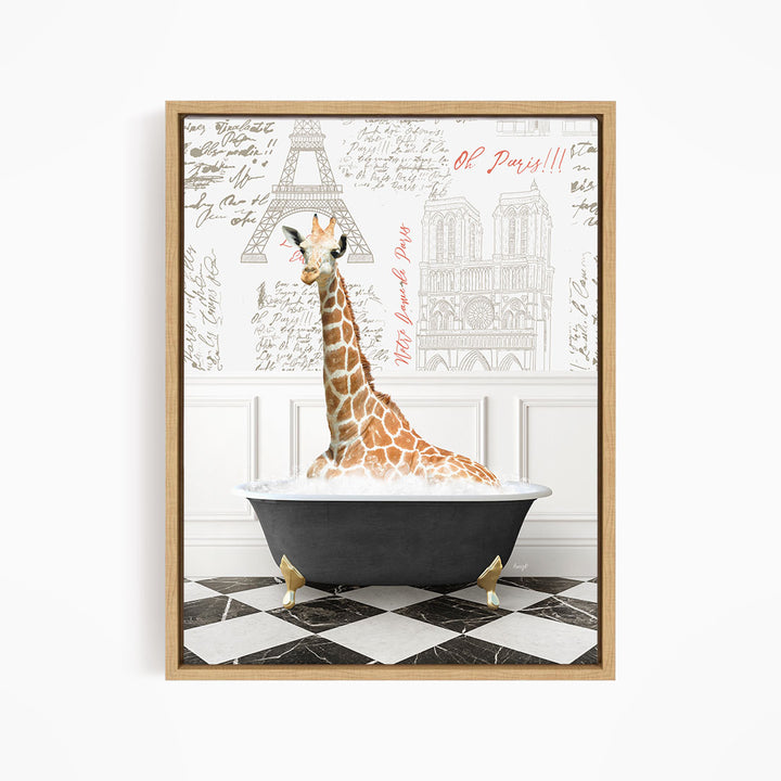 A giraffe sitting in a bathtub filled with water, surrounded by a decorative wall with the Eiffel Tower and other Parisian landmarks.