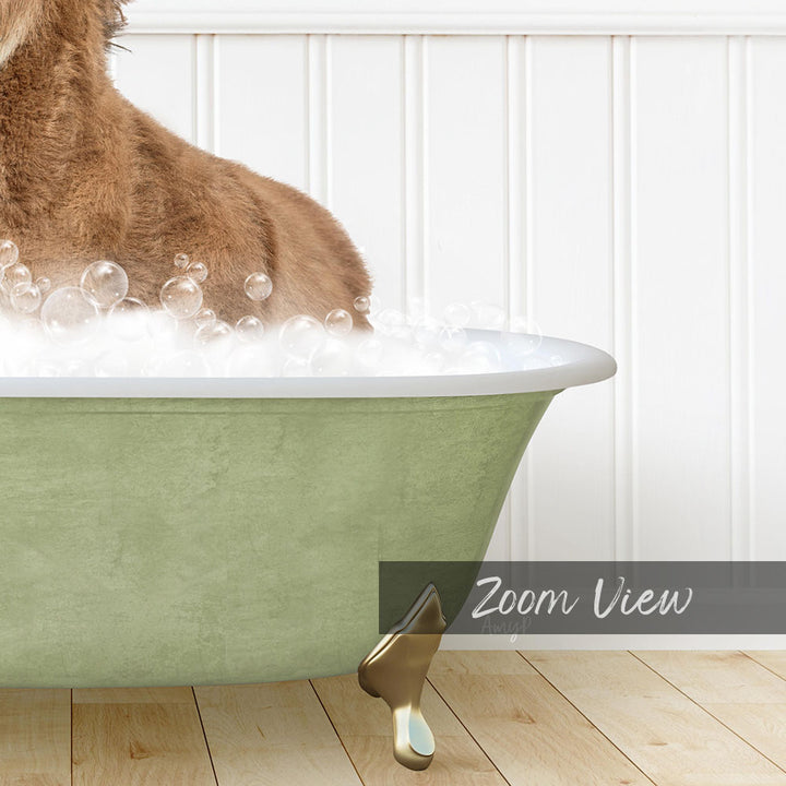 A dog is sitting in a green bathtub filled with bubbles, enjoying a bath.