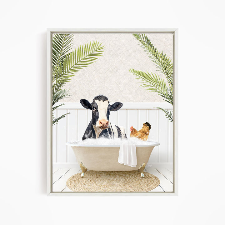 A black and white cow is sitting in a bathtub filled with water, surrounded by a chicken and a palm tree, creating a whimsical and playful scene.