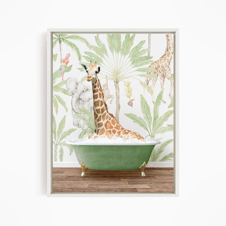 A giraffe is sitting in a green bathtub, surrounded by tropical foliage and other animals, creating a whimsical and playful scene.