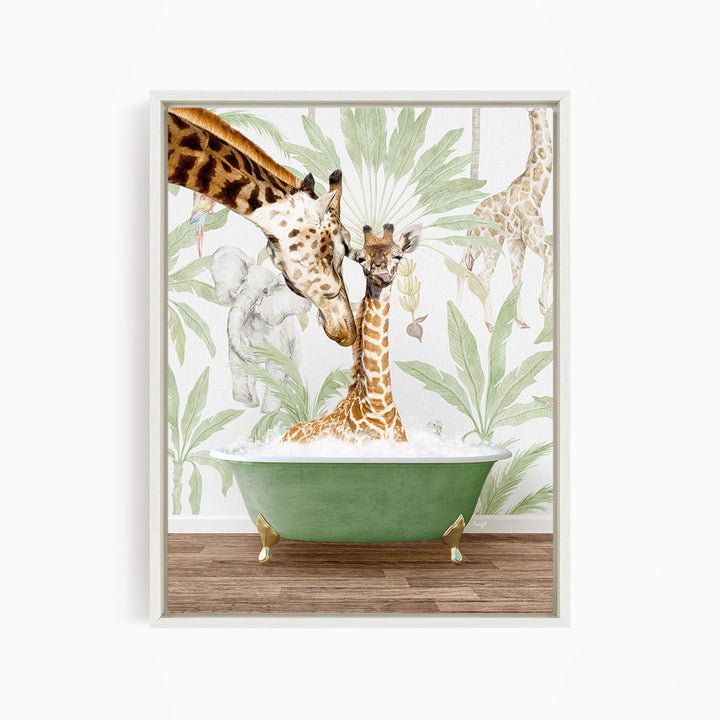 A giraffe and a baby giraffe are sitting in a green bathtub, surrounded by a tropical jungle wallpaper.