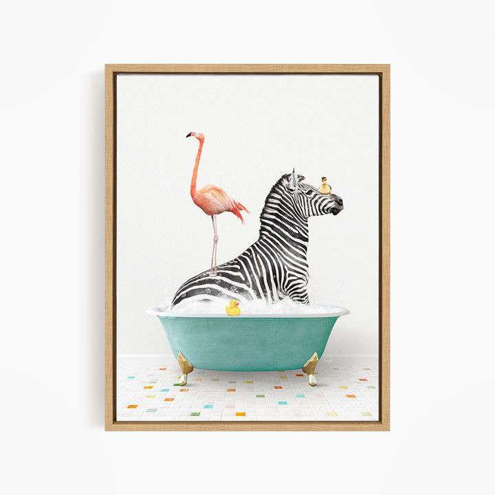 A zebra is sitting in a bathtub filled with bubbles, with a pink flamingo standing on its back legs and a yellow rubber duck floating in the water.