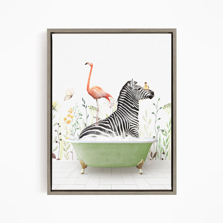 A zebra is sitting in a green bathtub, surrounded by a pink flamingo, a yellow butterfly, and a green plant.