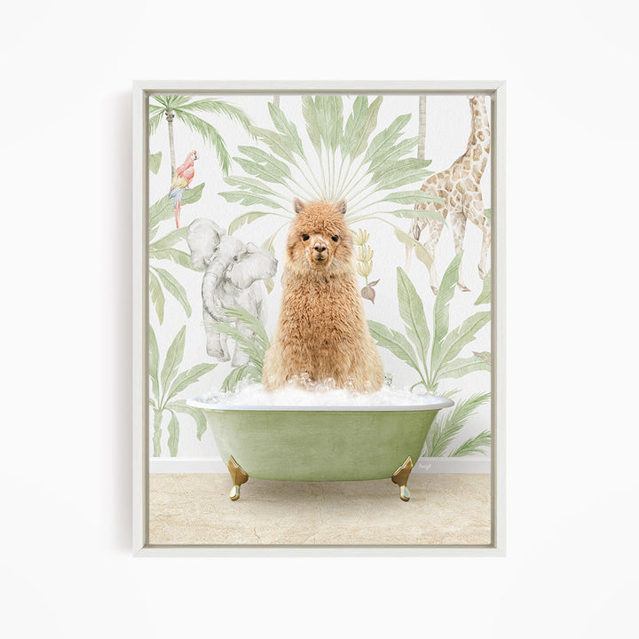 A fluffy brown dog is sitting in a green bathtub filled with water, surrounded by tropical plants and animals, such as a giraffe and a parrot.