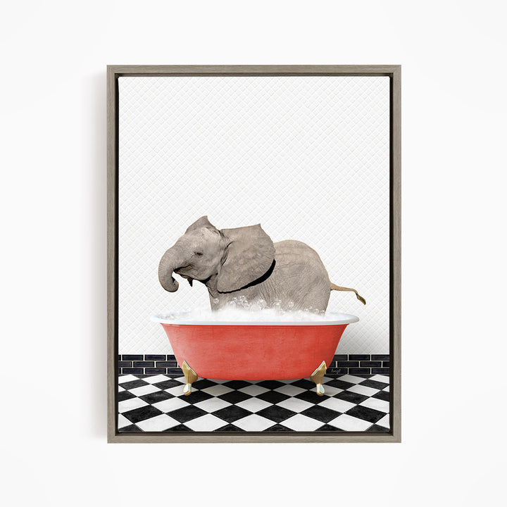 A gray elephant is sitting in a red bathtub filled with water, surrounded by a black and white checkered floor.