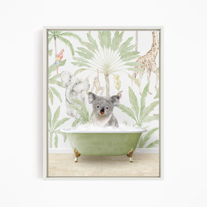 A koala is sitting in a green bathtub, surrounded by a tropical jungle scene with palm trees, a giraffe, and other animals.