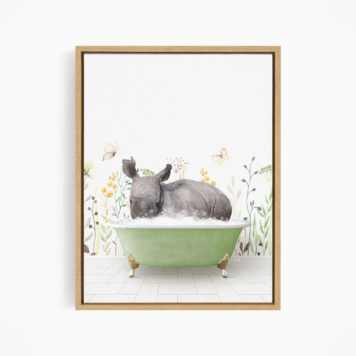 A rhinoceros is sitting in a green bathtub filled with water, surrounded by flowers and butterflies.
