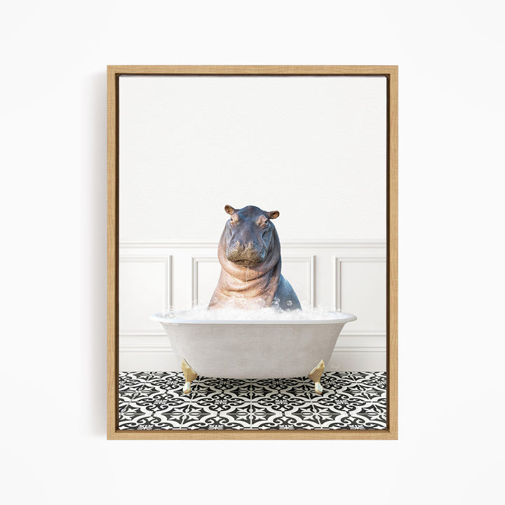 A hippopotamus sitting in a bathtub filled with water, surrounded by a black and white patterned floor.