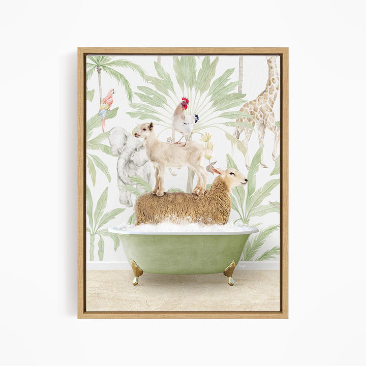 A framed illustration depicting a dog standing on a sheep's back in a bathtub, surrounded by tropical foliage and animals.