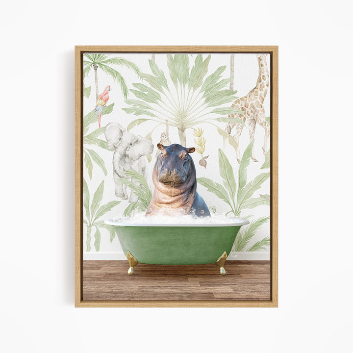 A framed print depicting a hippopotamus sitting in a green bathtub, surrounded by tropical foliage and animals such as a giraffe and a parrot.