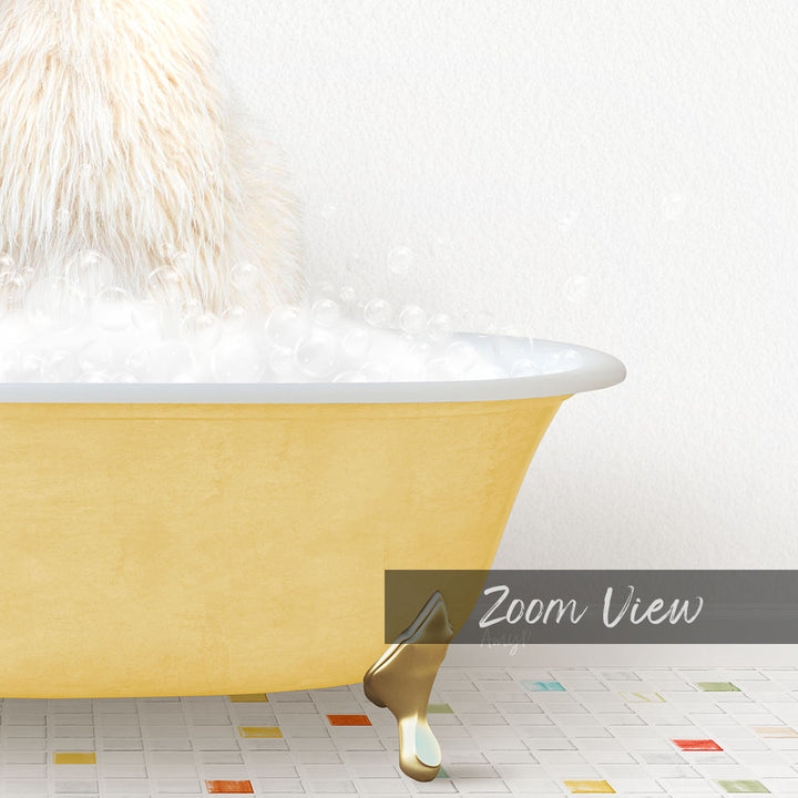 A yellow bathtub filled with bubbles, with a fluffy white object next to it, and a text overlay that reads "Zoom View".