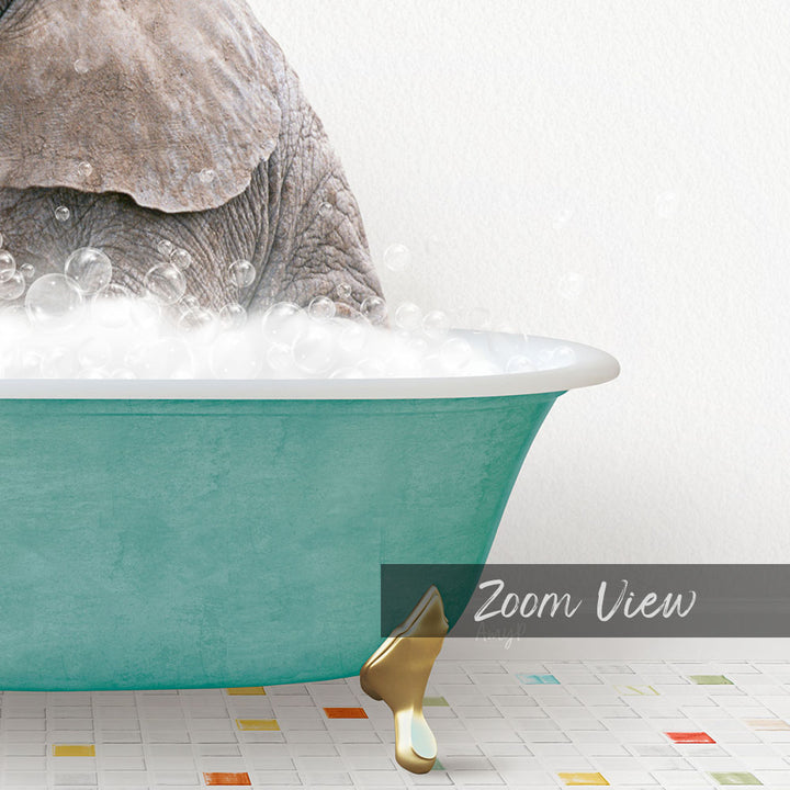 A large elephant is sitting in a green bathtub filled with bubbles, creating a whimsical and playful scene.