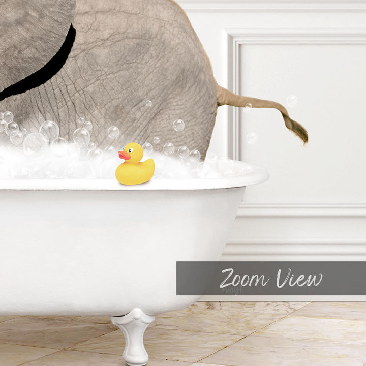 A white bathtub filled with bubbles, with a yellow rubber duck sitting in the water.