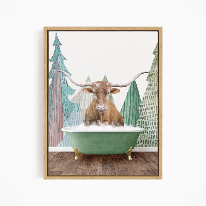 A brown cow with large horns is sitting in a green bathtub, surrounded by a forest scene with trees and a pine tree.