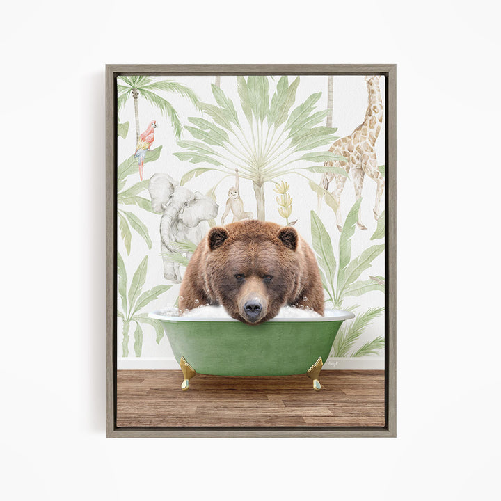 A brown bear is sitting in a green bathtub, surrounded by tropical foliage and animals, creating a whimsical and playful scene.