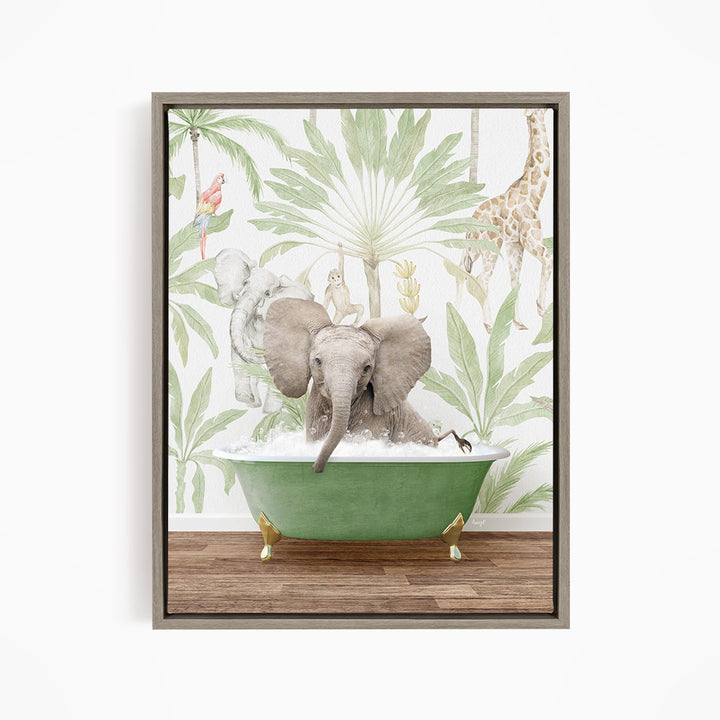 A framed illustration depicting an elephant sitting in a green bathtub, surrounded by tropical foliage and other animals.