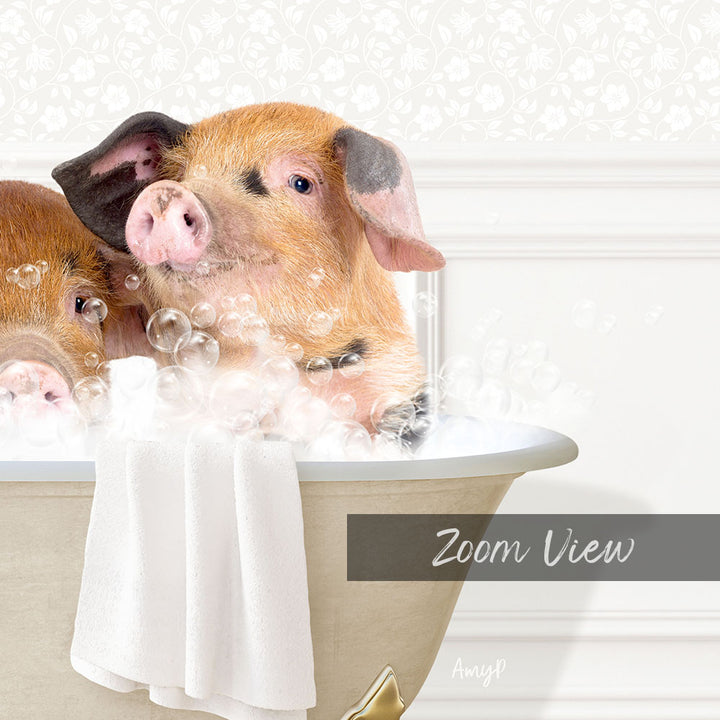 A pig sitting in a bathtub filled with bubbles, with a towel draped over the side.