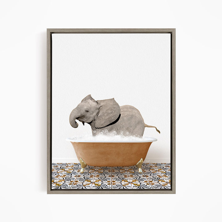 A gray elephant is sitting in a bathtub filled with water, surrounded by a patterned tile floor.