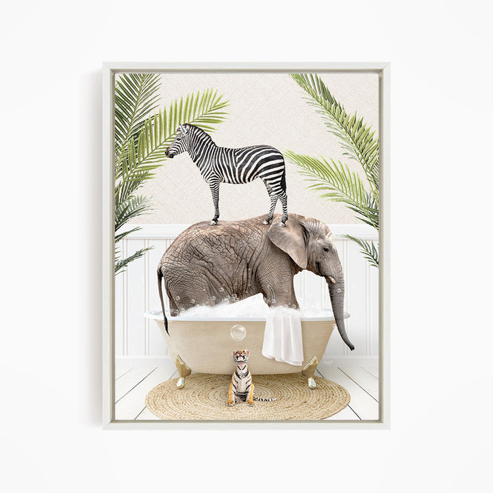 A zebra stands on the back of an elephant in a bathtub, surrounded by palm leaves, with a small tiger sitting on the edge of the tub.