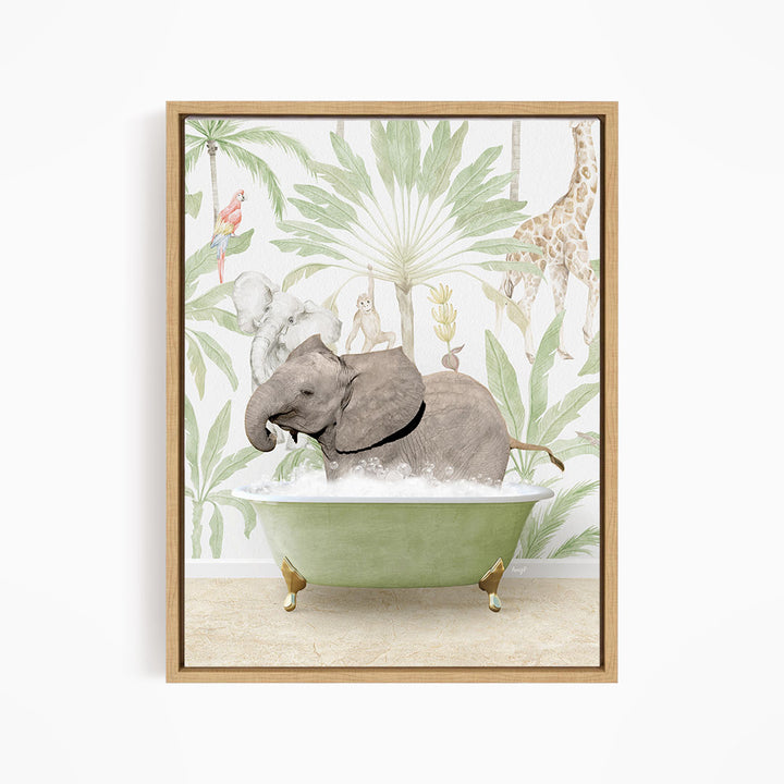 A baby elephant sitting in a green bathtub, surrounded by tropical foliage and animals, including a giraffe and a parrot.