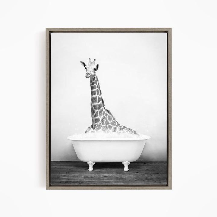 A giraffe sitting in a bathtub filled with water, creating a whimsical and amusing scene.
