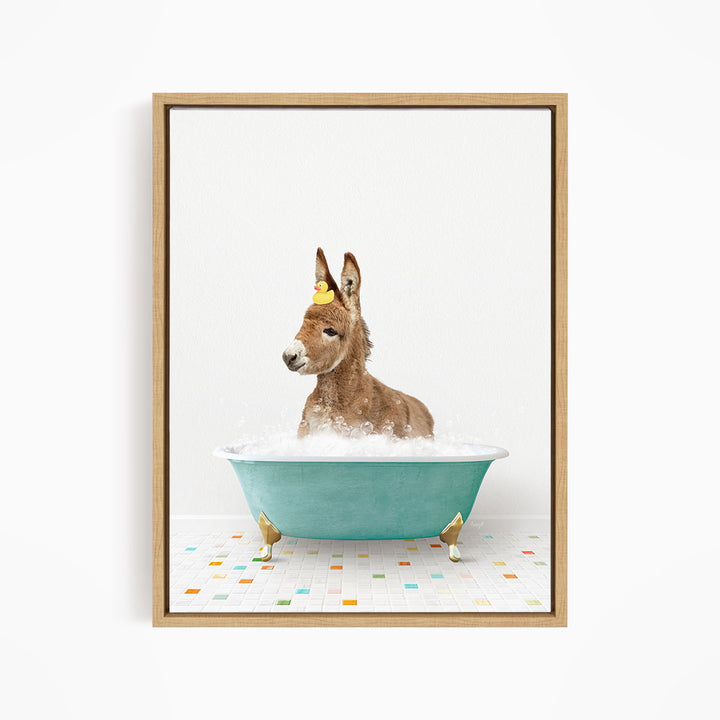 A donkey wearing a yellow hat is sitting in a blue bathtub filled with bubbles, creating a whimsical and playful scene.