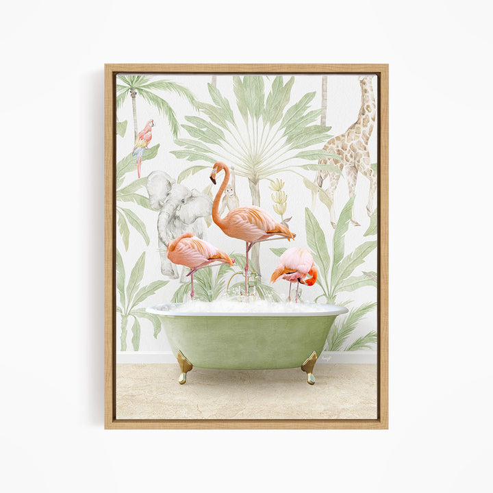 A framed print depicting a group of flamingos sitting in a green bathtub, surrounded by tropical foliage and a giraffe in the background.