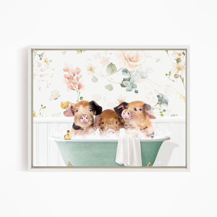 Three adorable pigs sitting in a green bathtub, enjoying a bubble bath.