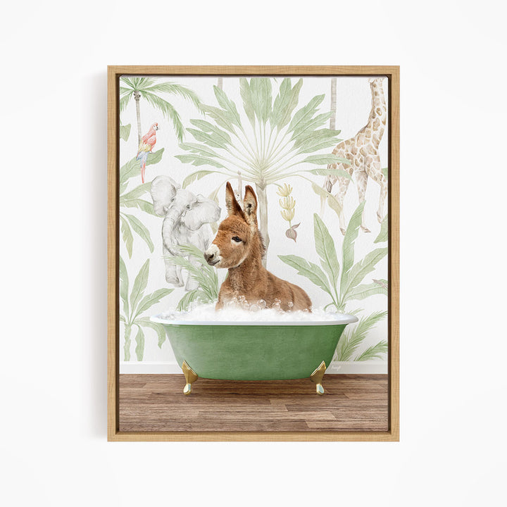 A donkey is sitting in a green bathtub filled with water, surrounded by a tropical jungle scene with various animals and plants.
