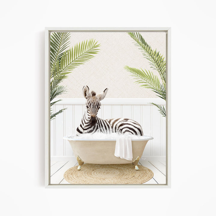 A zebra is sitting in a bathtub filled with water, surrounded by palm leaves, creating a whimsical and playful scene.