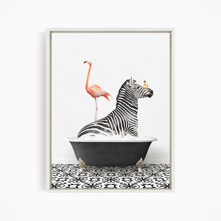 A zebra is sitting in a bathtub, with a pink flamingo standing on its back legs and a bird perched on its head.